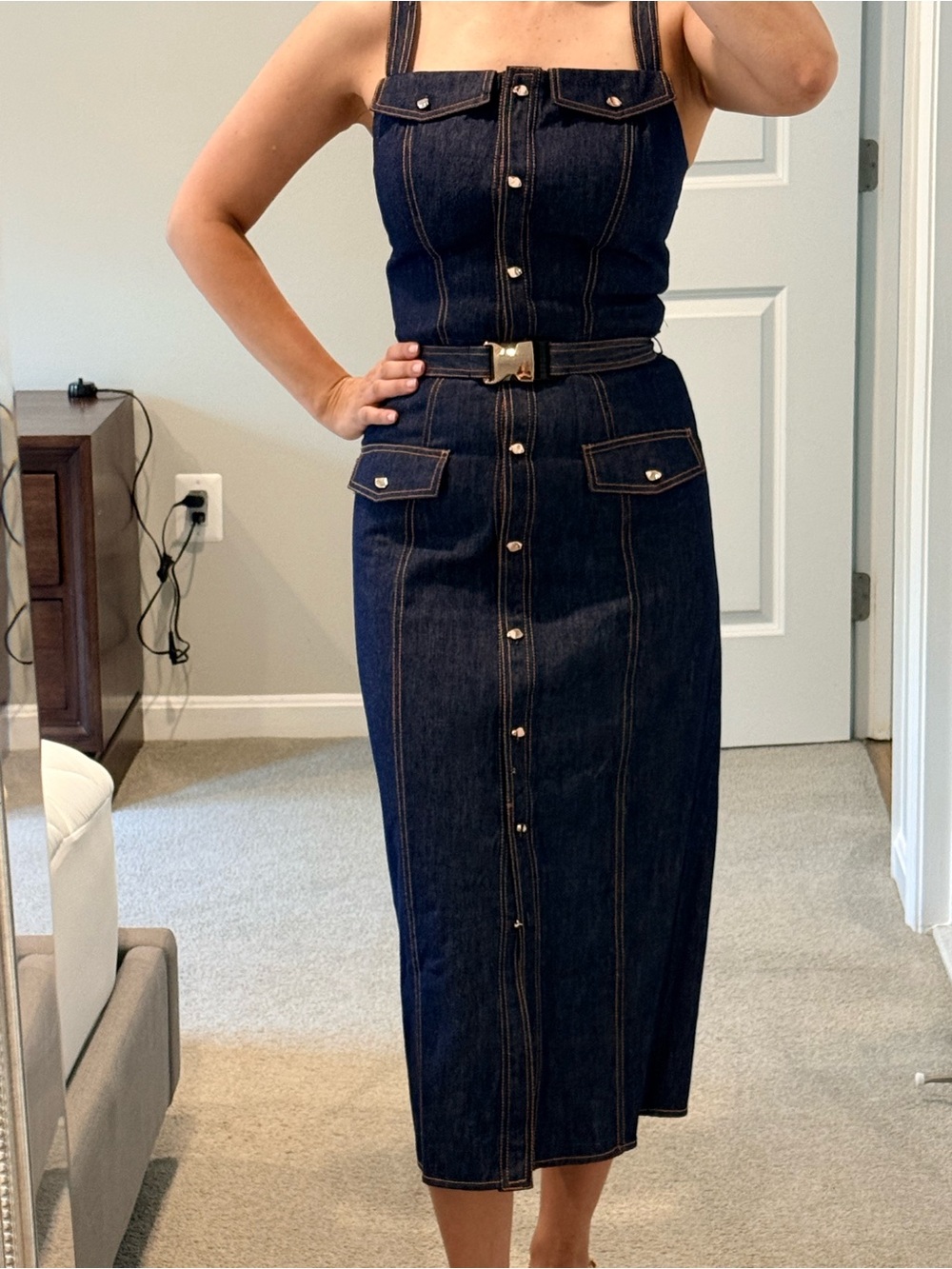 NICHOLAS Dark Indigo Denim Midi Dress with Contrast Stitching